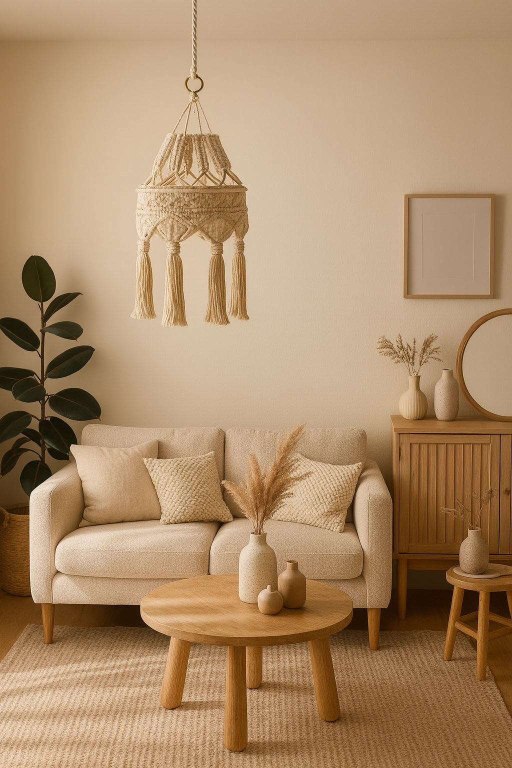 Suspension coton blanc Yala en macramé au-dessus d’un lit, créant une lumière douce et cosy