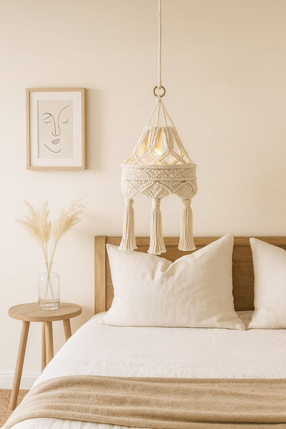 Suspension coton blanc Yala en macramé au-dessus d’un lit, créant une lumière douce et chaleureuse.