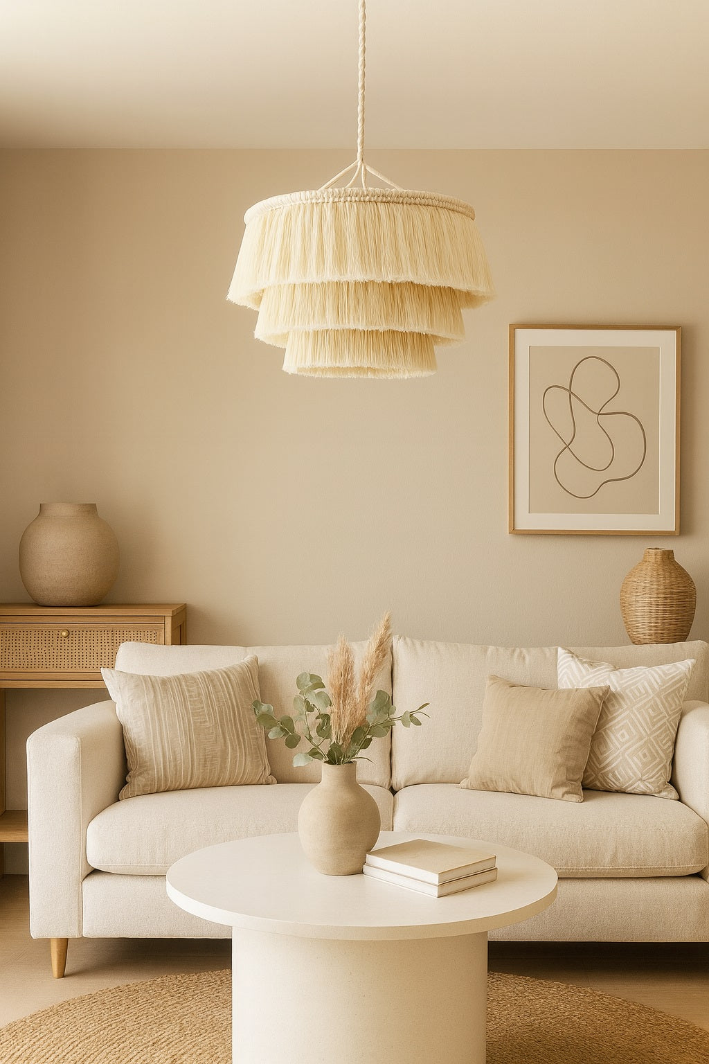 Suspension en coton blanc yuma dans une chambre, design élégant à franges pour une lumière douce et tamisée.