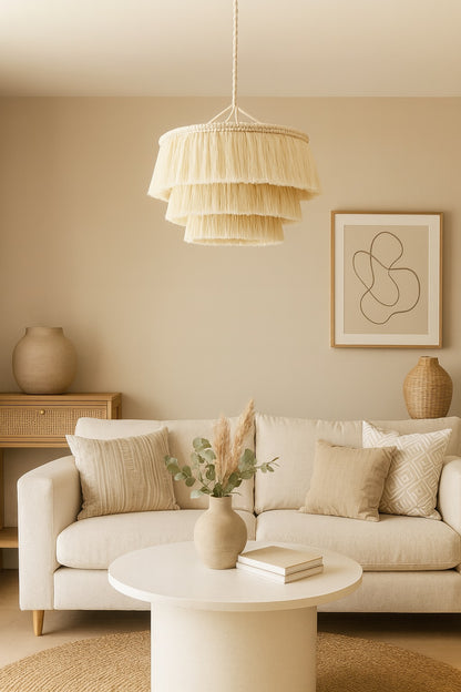 Suspension en coton blanc yuma dans une chambre, design élégant à franges pour une lumière douce et tamisée.