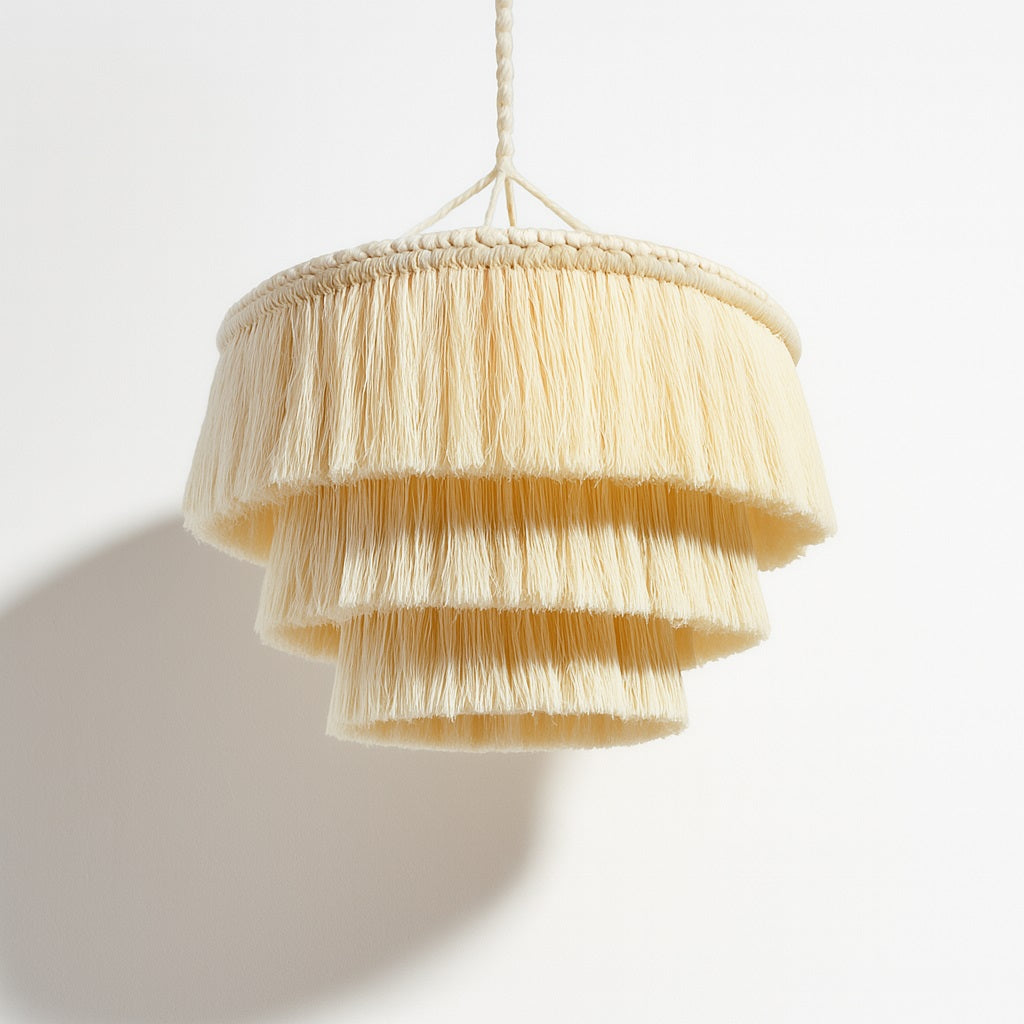 Suspension en coton blanc à franges superposées, design bohème et lumineux, idéale pour lampe de salon ou chambre.
