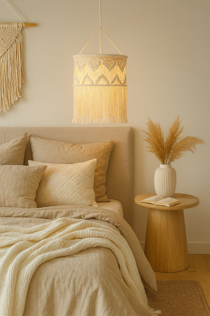 Suspension en coton blanc zaya allumée dans une chambre contemporaine et cosy