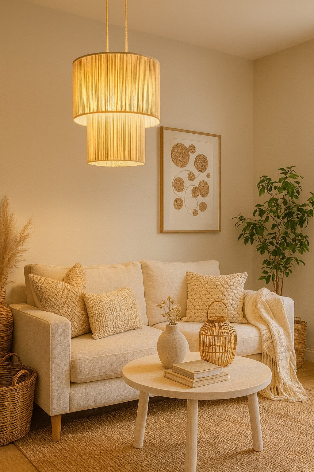 Suspension blanche en coton dans une chambre moderne avec lumière douce et abat-jour double cylindre