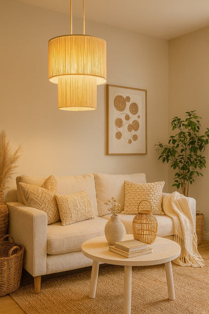 Suspension blanche en coton dans une chambre moderne avec lumière douce et abat-jour double cylindre