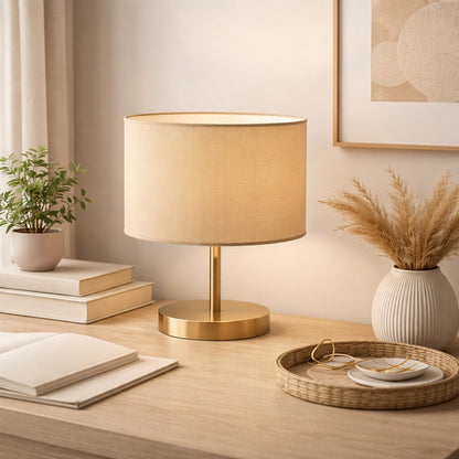 Abat-jour lampe en lin beige sur pied doré, abat-jour naturel et doux pour décoration moderne