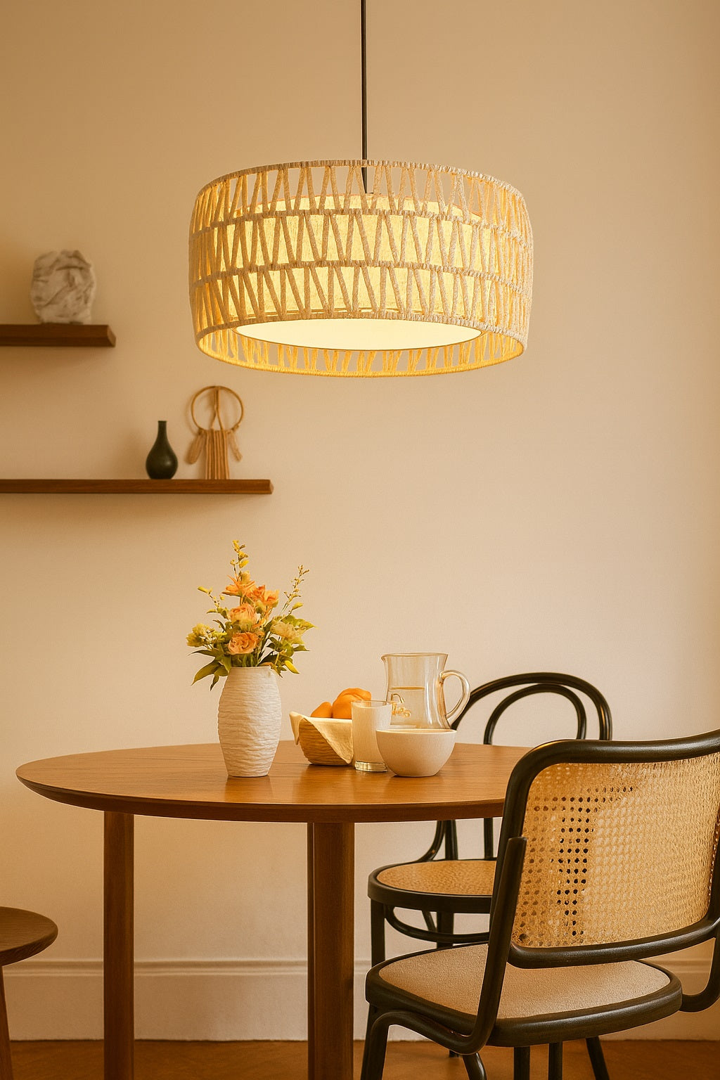 Abat-jour tambour en corde éclairant une salle à manger cosy, parfait pour suspension ou lampe sur pied design.