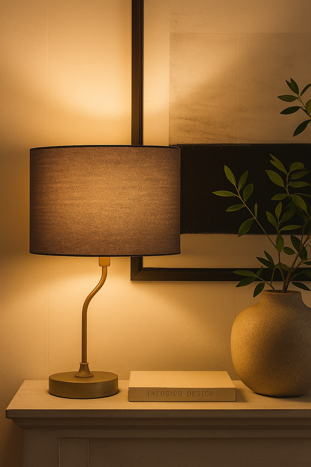 Lampe de chevet allumée avec abat-jour tambour lin gris, lampe sur pied diffusant une lumière chaleureuse.