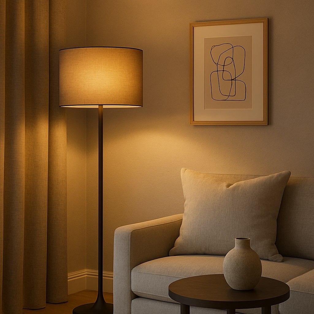 Lampe sur pied moderne avec abat-jour tambour lin gris, éclairage tamisé pour séjour raffiné et élégant.