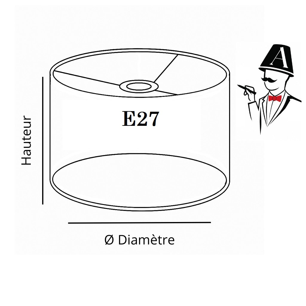 Schéma de mesure d’un abat-jour tambour E27 avec indication du diamètre et de la hauteur – Monsieur Abat-Jour.