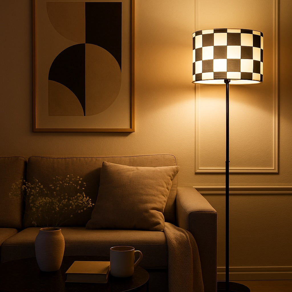 Abat-jour Squares allumé sur lampadaire, lumière chaude et motif damier créant une ambiance cosy.