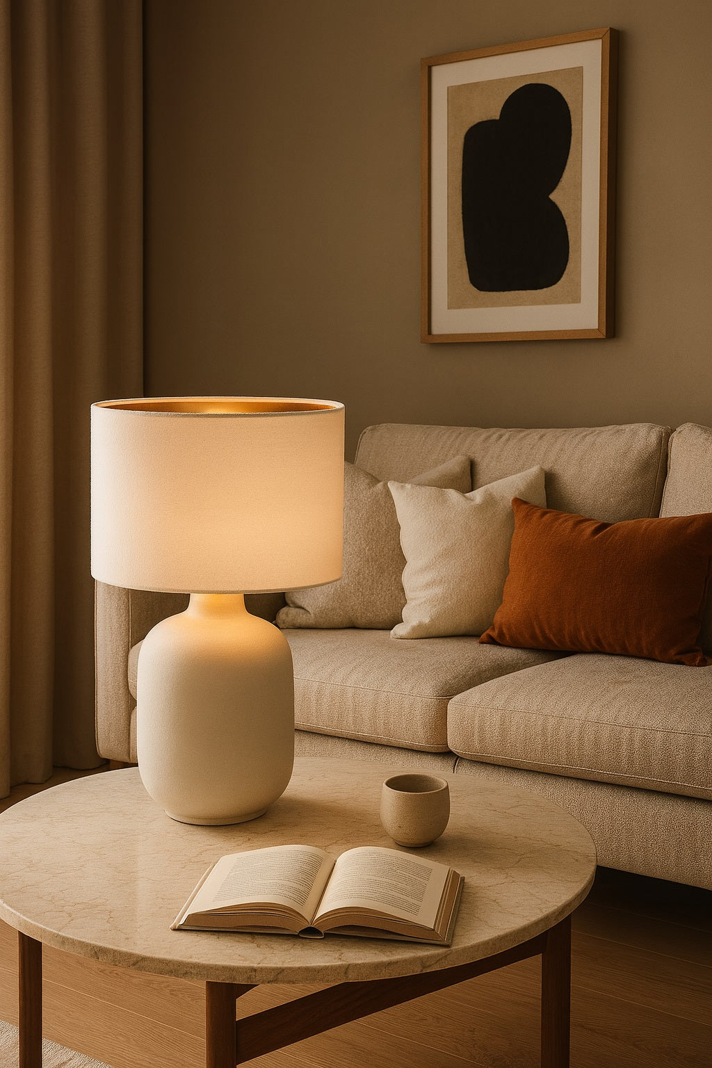 Abat-jour en tissu velours blanc tambour avec intérieur doré, diffuse une lumière chaleureuse pour salon ou chambre
