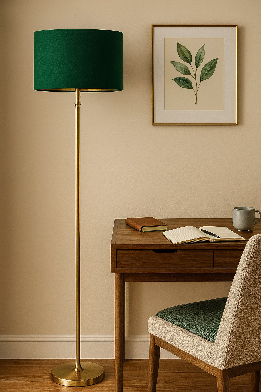 Abat-jour cylindrique vert velours avec intérieur doré lumineux, idéal pour une déco élégante et chaleureuse