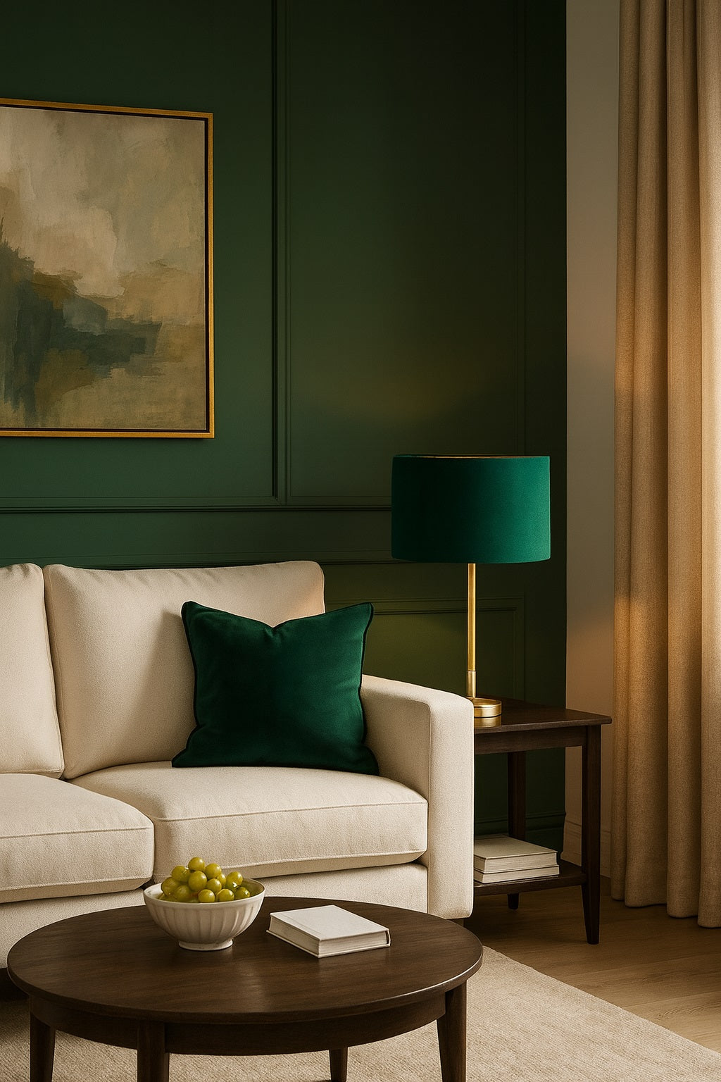 Abat-jour velours vert tambour avec intérieur doré, parfait pour illuminer salon, chambre ou bureau avec style