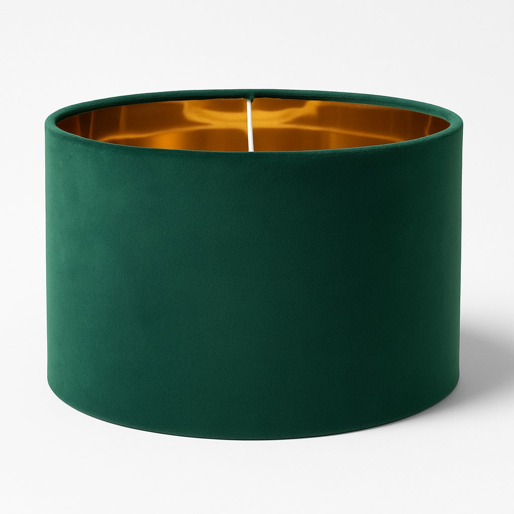 Abat-jour tambour en velours vert intérieur doré, design chic et raffiné pour lampadaire, suspension ou lampe de chevet