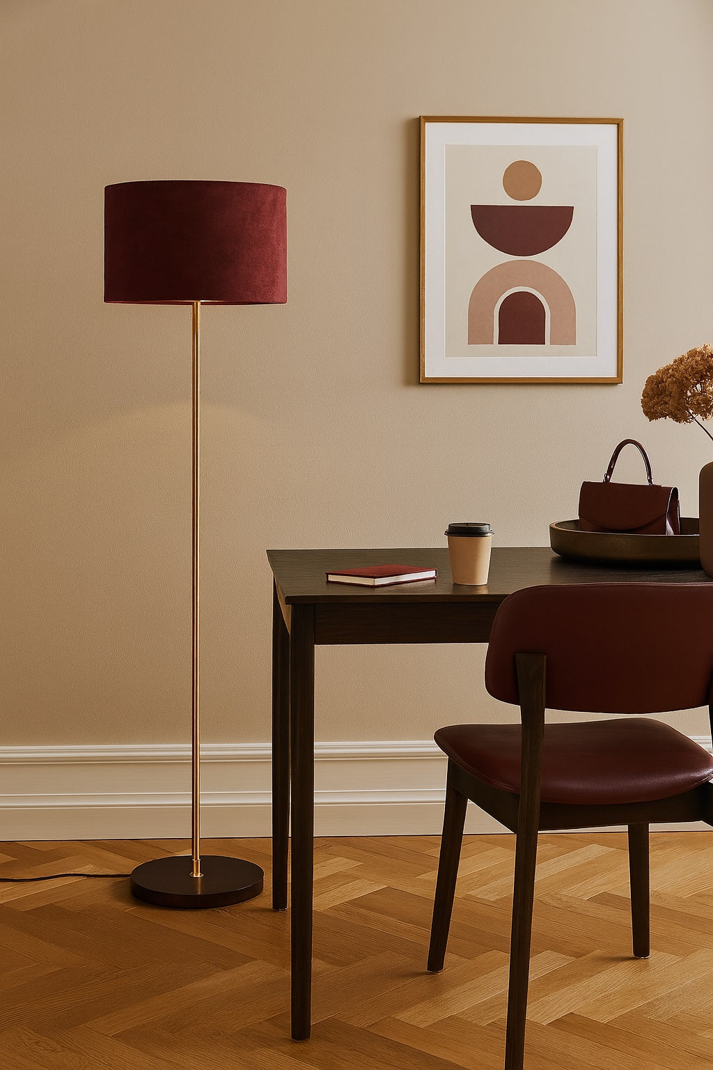 Abat-jour cylindrique en velours bordeaux avec intérieur doré lumineux, style chic et chaleureux pour votre décoration