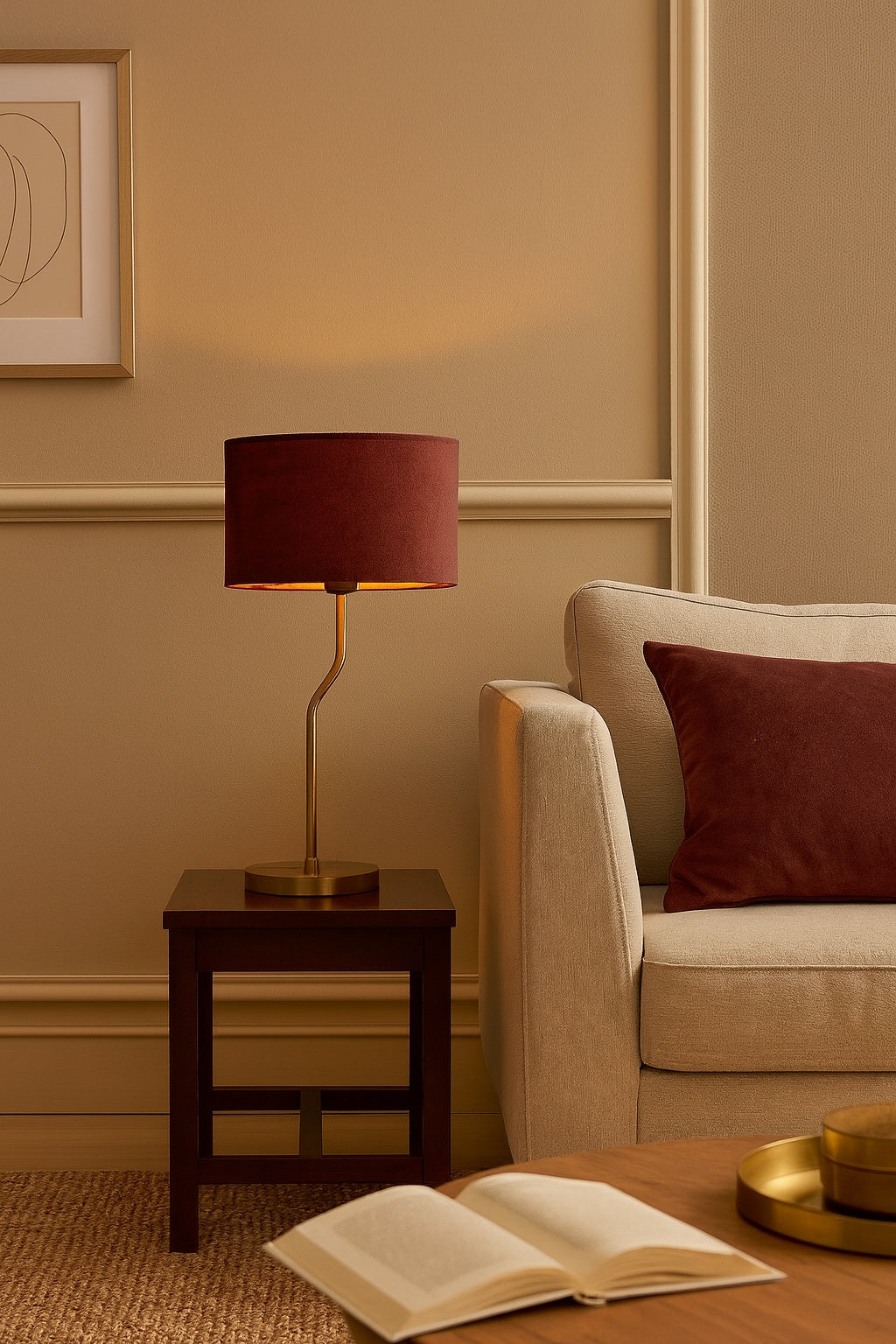 Abat-jour velours rouge tambour avec intérieur doré, parfait pour créer une ambiance cosy sur lampe de table ou lampadaire