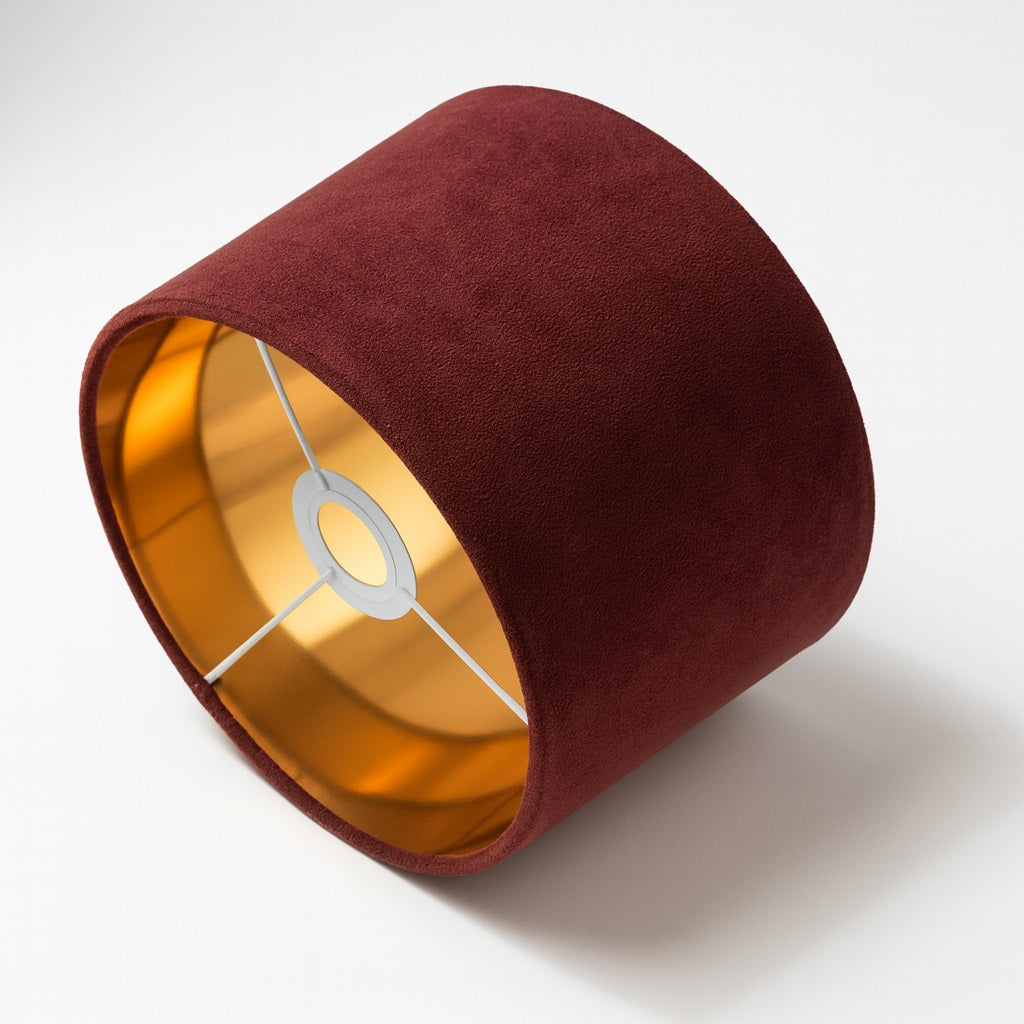 Abat-jour tambour en tissu velours rouge et intérieur doré, design raffiné pour salon, chambre ou bureau