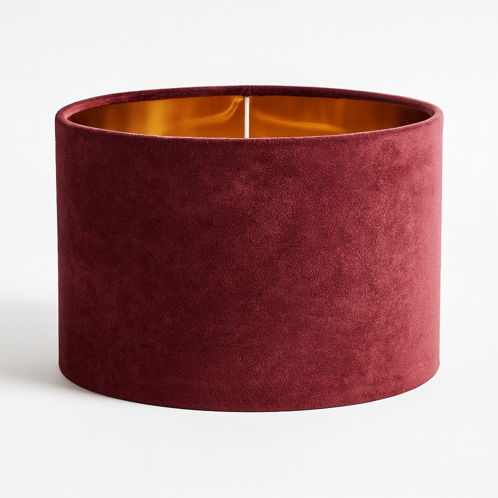 Abat-jour tambour en velours rouge intérieur doré, élégant et raffiné, idéal pour lampe de chevet, lampadaire ou suspension
