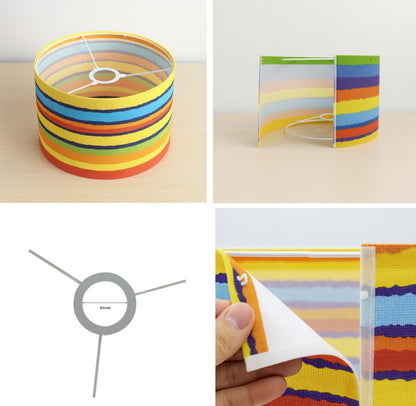 Abat-jour pour lampadaire démontable, tissu rayé multicolore et structure métallique détaillée en gros plan.
