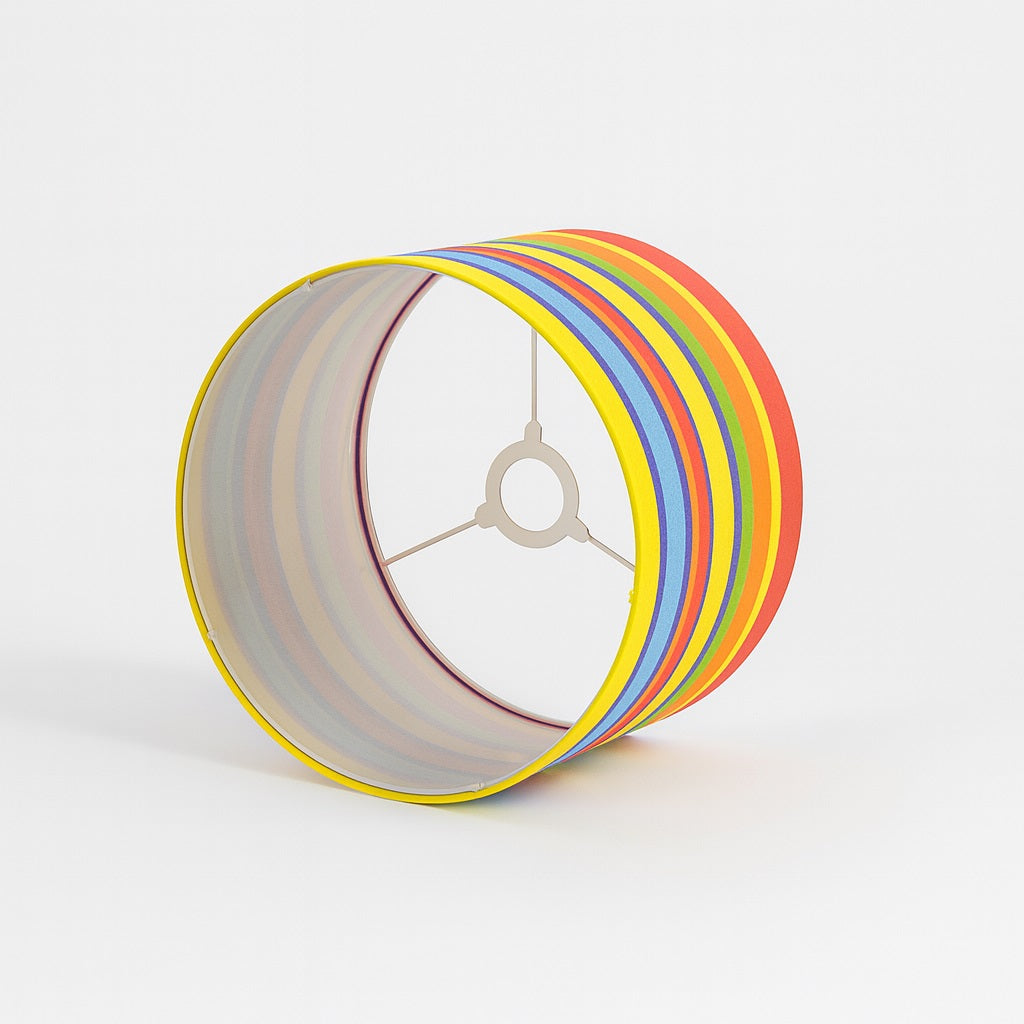 Abat-jour tambour coloré pour lampadaire, vue latérale montrant rayures vives et structure intérieure.