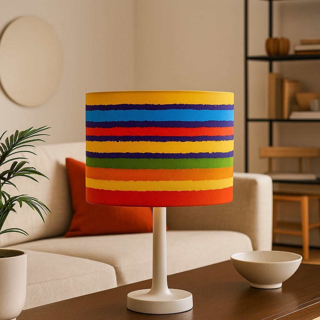 Abat-jour rayé multicolore installé sur lampadaire, éclairage naturel dans un salon moderne et chaleureux.