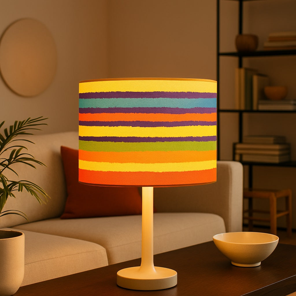 Abat-jour pour lampadaire éclairé la nuit, couleurs chaudes et ambiance cosy dans un salon moderne.