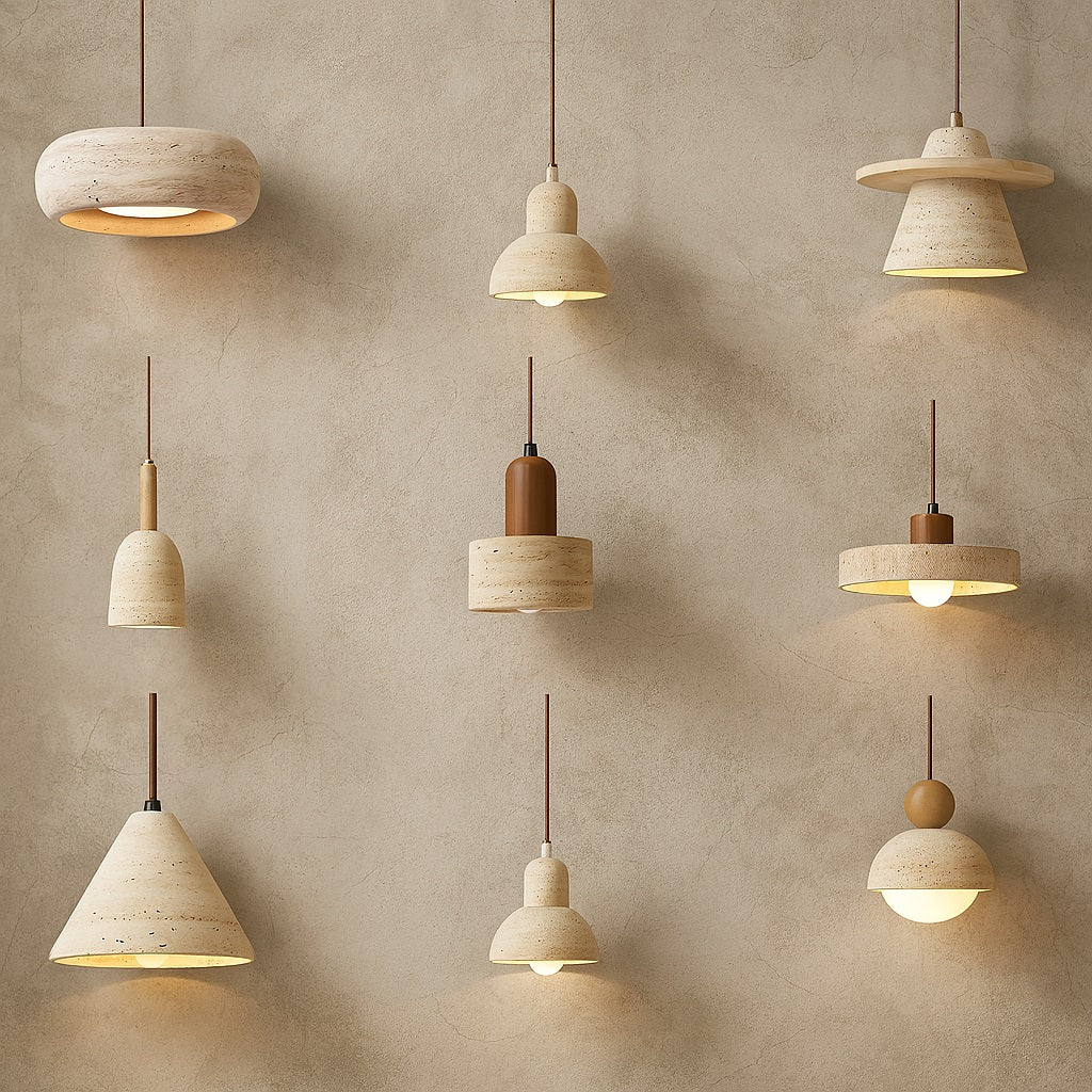Collection de suspensions en travertin – abat-jour design en pierre naturelle sur fond mural beige, vue d'ensemble.