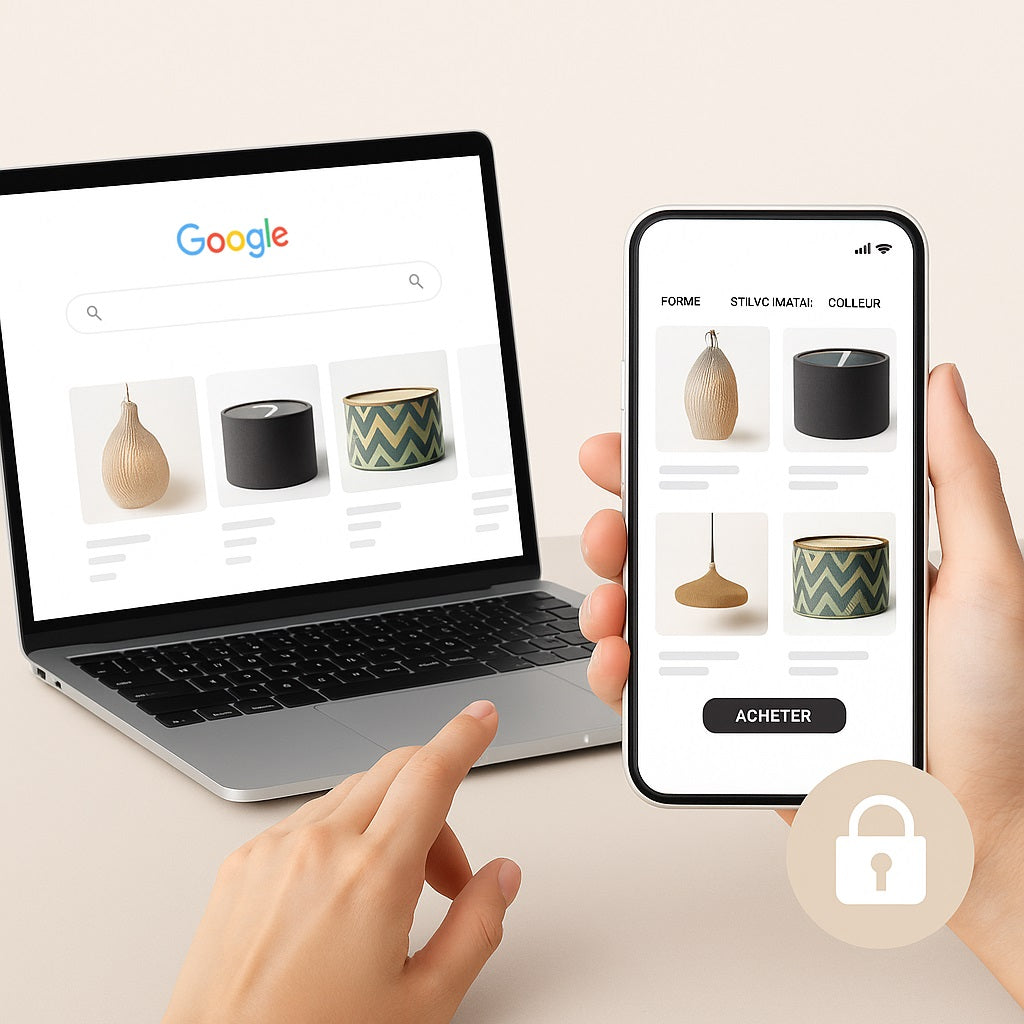 Achat en ligne d’abat-jour sur ordinateur et mobile, avec recherche par forme, style, matière et couleur.