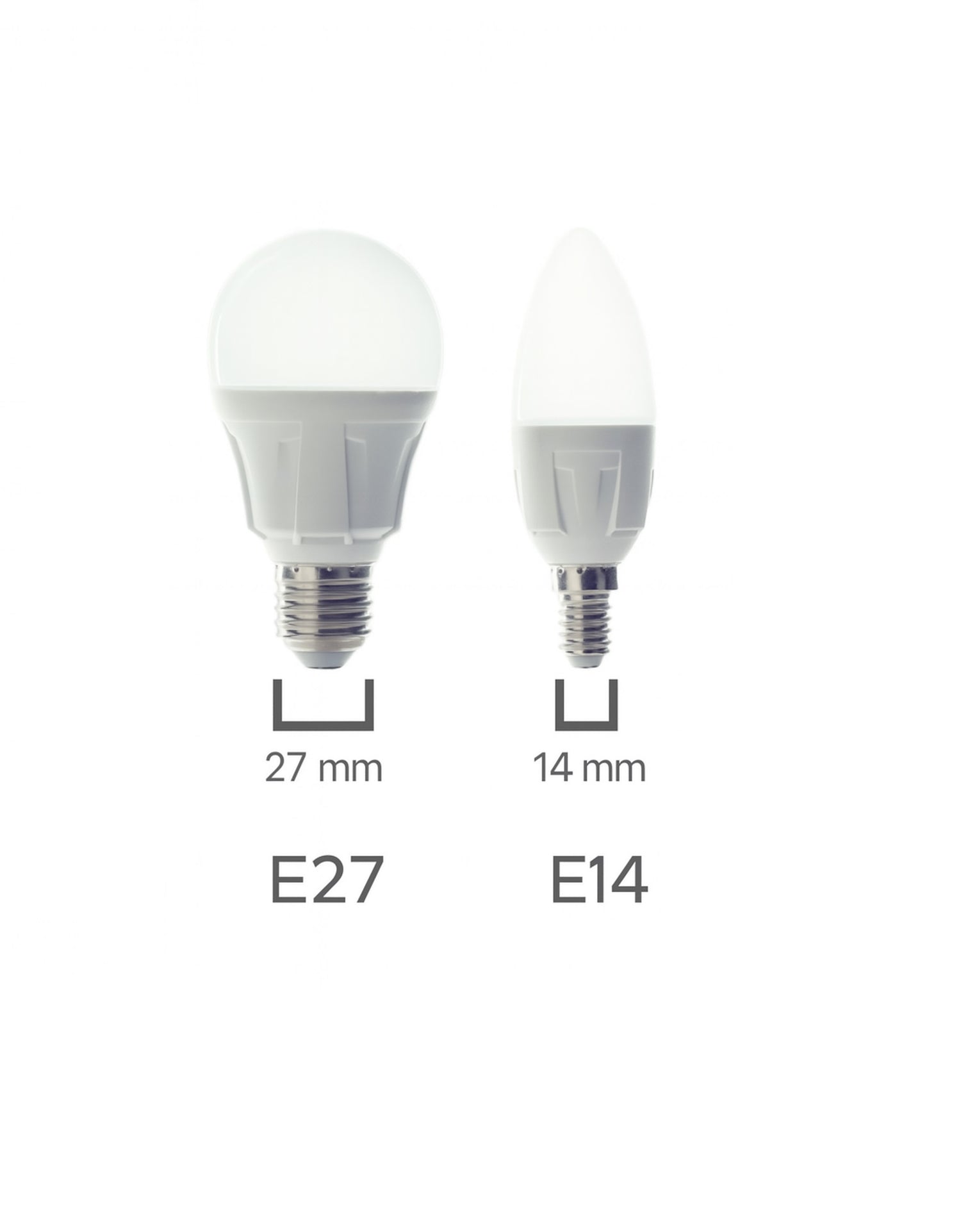 Comparatif visuel des culots d’ampoules E27 (27 mm) et E14 (14 mm) compatibles avec les abat-jour.