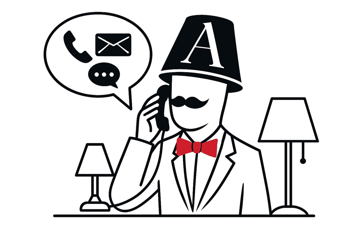 Illustration de Mr Abat-jour au téléphone, offrant un service client réactif pour conseils et achats d’abat jour en ligne.